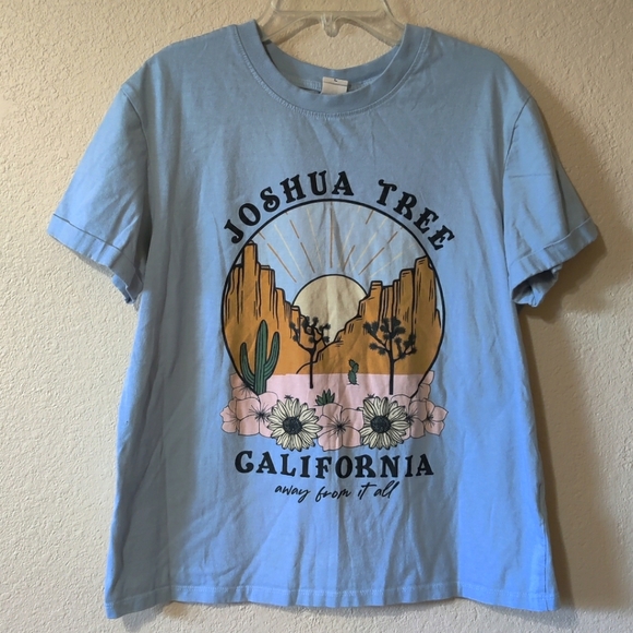 joshua tree Tops - Vibe N' Joshua Tree California Floral Cactus Print Tee Shirt Baby Blue Sz Large